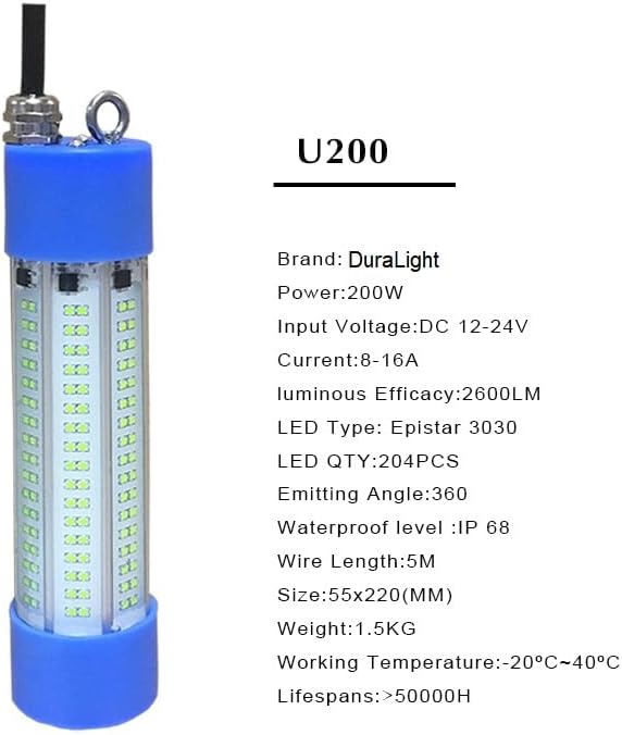 ZVZ Green UltraBright 200W DC12V Fishing Light - 26K LM LED Fish Attractor for Night/Ice Fishing, Boat, Dock - IP68, 5M Cable, 50K Hrs (Crappie/Snook/Squid) - Salt/Freshwater