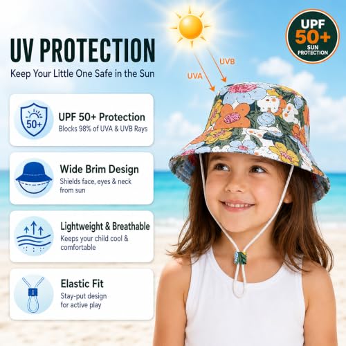 Image of VRITRAZ Unisex Kids Printed Bucket Hat | UV Protection Sun Hat with Adjustable Chin Strap & Summer Beach Travel Outdoor Cap for Toddlers & Children (4-12 Years)