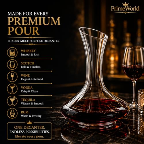 Image of PrimeWorld European 1500 ml Open Crystal Clear Glass Decanter Set of 1 Pcs - Perfect for Whiskey, Scotch, Wine, Vodka, Tequila, Rum etc