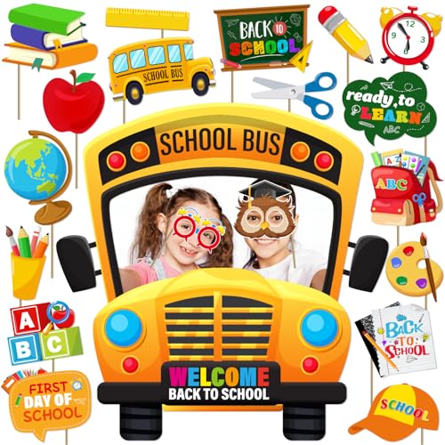 Back to School Photo Props 20Pcs Back to School Decorations Photo Props with School Bus Frame and Back to School Photo Booth School Bus Props for First Day of School Decorations