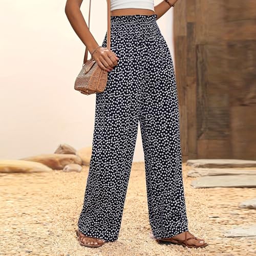 Wide Leg Linen Pants for Women Elastic High Waisted Boho Pants Polka Dot Patchwork Smocked Paper Bag Flowy Palazzo Pant2
