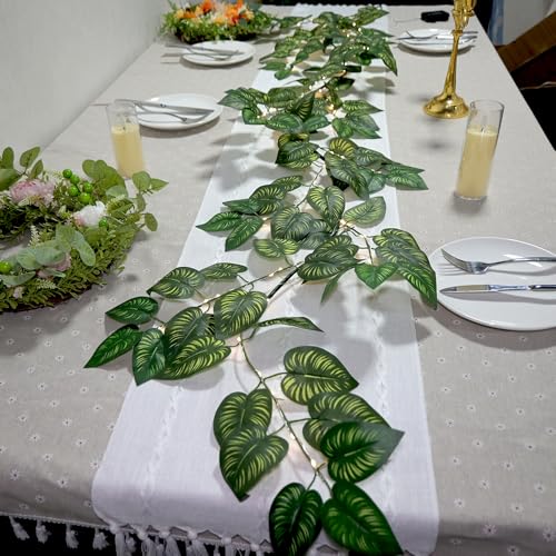 Image of 6.56FT Green Vines Garland with Lights 96 LED Battery Operated with Timer Faux Photos Vines Twig with Lights Spring Garlands Decortions for Mantel Fireplace Table Wall Patio Wedding Holiday Home Decor