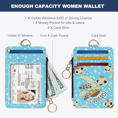 Slim Wallet Credit Card Holder, Sea Turtles, RFID Wallet Women Cute Small Front Pocket Wallet With Zipper, PU Leather Thin travel RFID Blocking Card Case ID Window,Ladies Gifts3