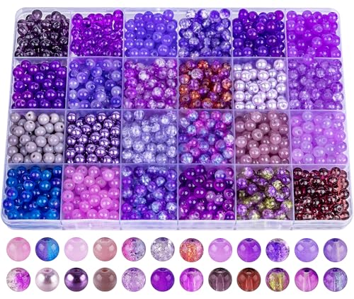 XSEINO About 1200PCS 6mm Glass Beads Bracelet Making Kit 24 Assorted Violet Elegant Series Colorful Crystal Beads for Bracelet and Jewelry Making and DIY Crafts Friendship Bracelets