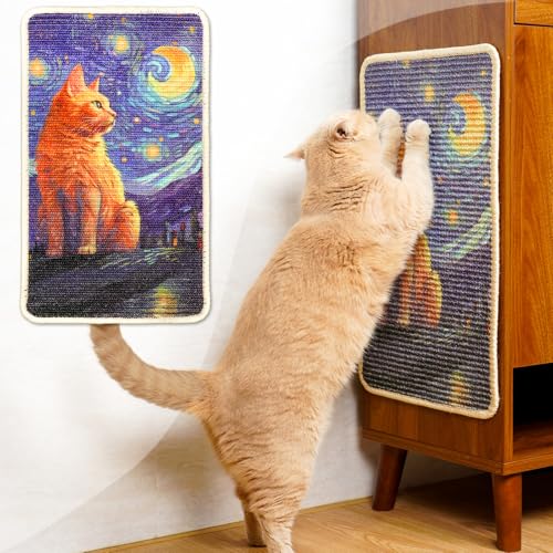SOLDAY Tiragraffi da parete per gatti in sisal, 56 x 33 cm, per pavimenti, pareti, tappeti, divani, mobili, con nastro in velcro, protezione antigraffio per mobili (gatto zenzero che osserva le stelle