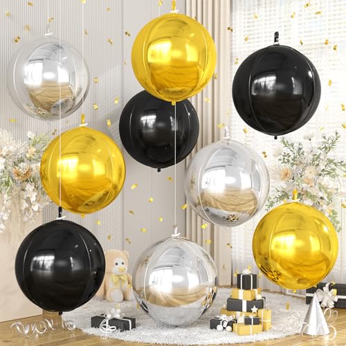Image of 9 Pcs Black Gold Silver Round Foil Balloons,22 Inch Round Balloons