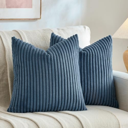 Fancy Homi Set of 2 Dusty Blue Boho Decorative Throw Pillow Covers 20x20 Inch for Couch Bed Sofa, Aesthetic Modern Bohemian Room Decor, Soft Fuzzy Fluffy Cozy Corduroy Textured Cushion Case 50x50cm