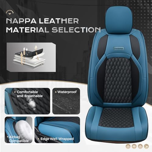 Image of Coverado Waterproof Faux Leather Seat Covers Full Set for Ford F150 2015-2026 SuperCrew & F250 F350 F450 2017-2026 Crew Cab, Compatible with XL XLT Lariat King Ranch, Blue Interior Truck Accessories