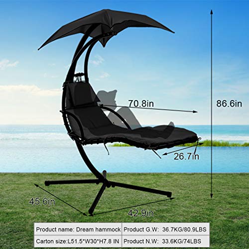 Vnewone Patio Chair Hammock Stand Outdoor Chair Swings for Adults Hanging Chaise Lounger Chair Floating Chaise Canopy Swing Arc Stand Air Porch Lounge Chair for Patio Indoor (Black)