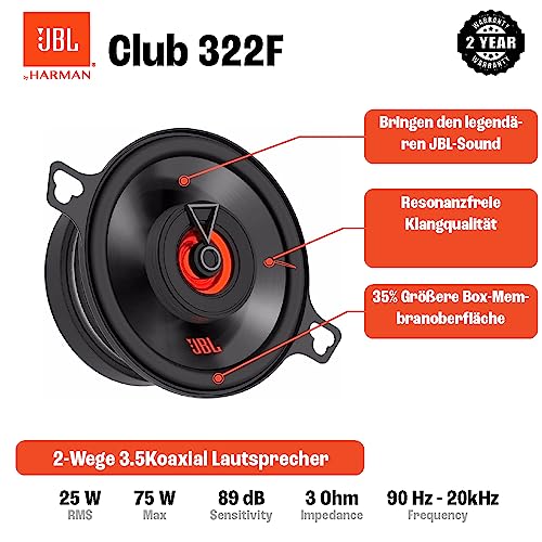 JBL Club 322F 2-Wege Auto Lautsprecher Set von Harman Kardon - 75 Watt Pro Sound KFZ Autolautsprecher Boxen 87mm, Black
