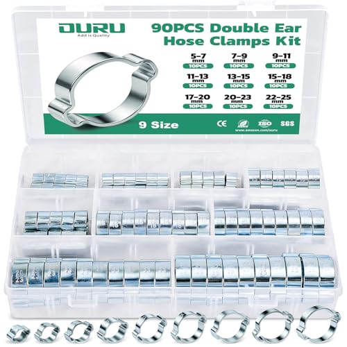 OURU 90PCS Double Ear Hose Clamps, 5-25mm, 9 Sizes