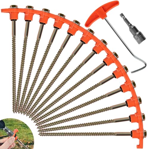 DHGKVK 12x Zeltheringe Drehbare Zeltheringe mit Gewinde Felsboden-Erdnägel für Camping mit Adapter für Akkuschrauber mit Nagelzieher Robuste Stahl-Heringe für Camping und Outdoor (Orange Farbe)