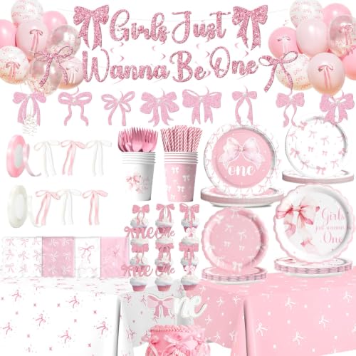 Costova Pink Bow 1st Birthday Decorations First Birthday Party Supplies Girls Just Wanna Be One Tableware Include Plates Napkins Cups Tablecloth Banner for Baby Girls One Year Old Party