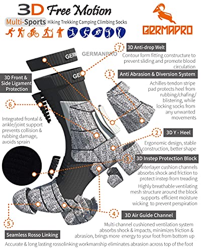 Mens Moisture Wicking Crew Compression Hiking Work Boot Socks w/Anti-Fatigue Germanium Infused + Coolmax Fiber 1/2 Pk2