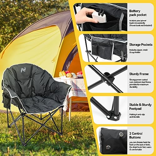 NAIZEA Heated Camping Chair, Oversized Heated Folding Outdoor Chair for Adults with 3 Heat Levels, Portable Foldable Patio Lounge Chair for Sports Outdoors Camp, Battery NOT Included