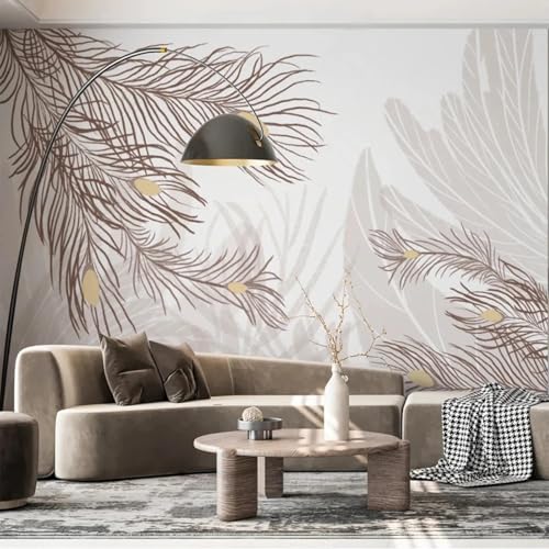 HBYUEHAN Papel tapiz de fondo abstracto con hojas de plumas marrones Retro, papel tapiz con foto 3D, póster artístico de pared moderno para sala de estar y dormitorio