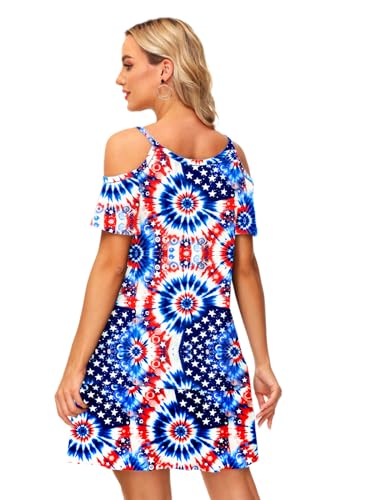 Image of Deerose Womens 4th of July Dresses Cold Shoulder American Flag Tie Dye A-Line Dress with Pockets