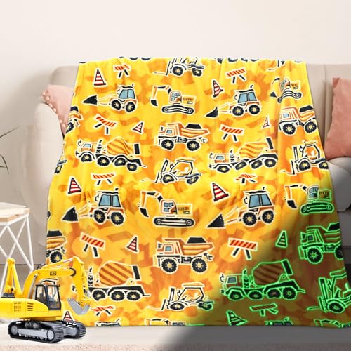 Excavator Blanket Construction Gifts for Kids Glow in The Dark Truck Blanket Soft Tractor Toys Throw Blankets Boys Car Theme Decor Blankets