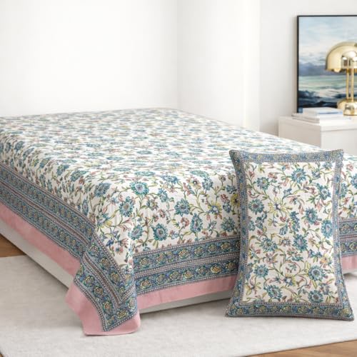 Image of elanorhomes 100% Cotton 240 TC Single Bed Sheet Set | Floral Hand Printed Bedsheet with Pillow Cover | Soft Breathable Fabric for Bedroom | 60x90 Inches (Rose Azure)