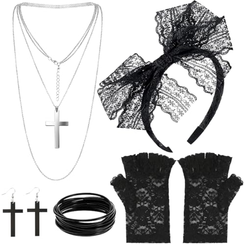 Meleager 80er Jahre Accessoires Damen, 80er Jahre Fasching Kostüm Zubehör mit Stirnband, Halsketten, Ohrringen, Armbändern, Spitzenhandschuhen mit halben Fingern