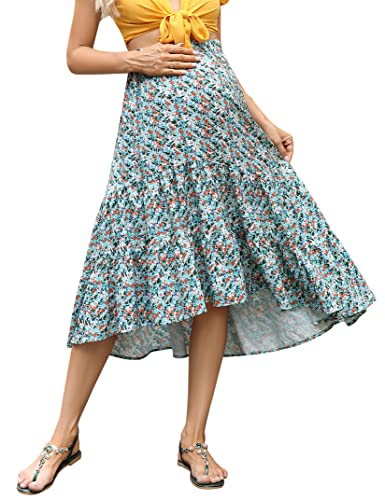 FUNJULY Maternity Dress Women's High Waist Floral Print Pleated Maxi Skirt Casual Flowy Swing A Line Long Skirts GreenOrange XL