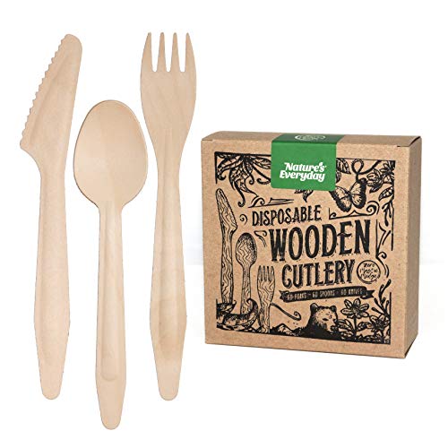 Large Full-Size Disposable Wooden Cutlery Sets | 180 Extra Strong Deluxe Pieces (60 Forks, 60 Spoons, 60 Knives) in Plastic-Free Box | All-Natural, Eco-Friendly, Biodegradable, Compostable Birch Wood