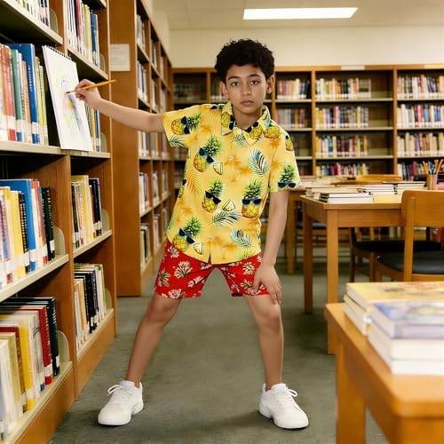 Image of uideazone Size 9-10 Boys Hawaiian Shirts Kids Short Sleeve Button Down Casual Shirt Pineapple Print Blouse Beach Style Summer Wear Tops for Dailywear Camping Hiking Climbing Beach Volleyball