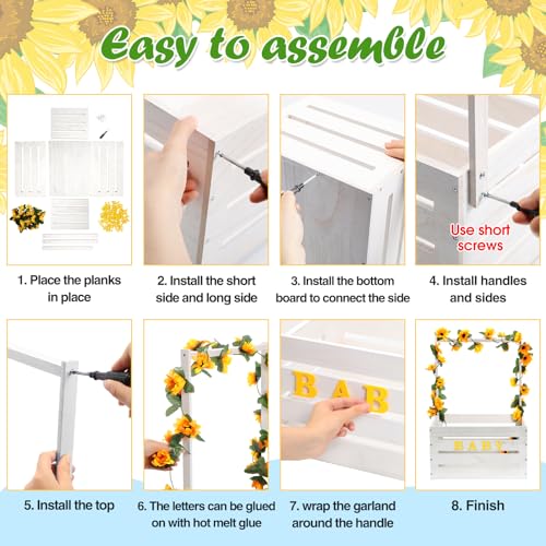 Image of Juexica Wooden Baby Shower Crate Closet, Sunflower Theme Baby Basket with Handle and Garland Letter, Storage Crate Hamper, DIY Basket for Pregnancy New Parent(White)