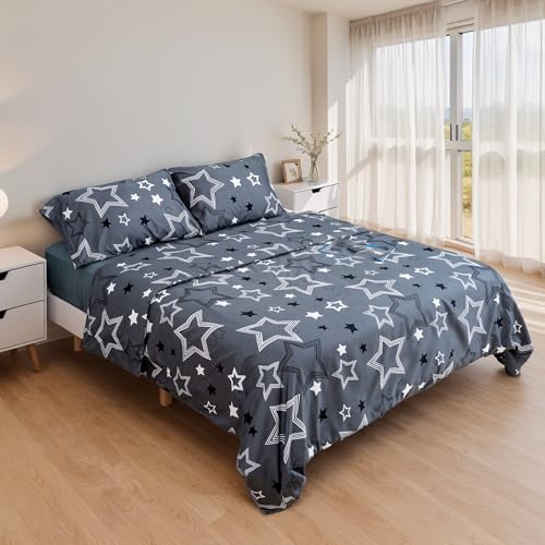 Juego de Funda Nórdica 3 Piezas Cama 90 Microfibra Extra Suave Transpirable - 1 Funda Edredón 150x220 cm, 1 Bajera 90x200+30 cm y 1 Funda Almohada 50x110 cm (Cielo Estrella)