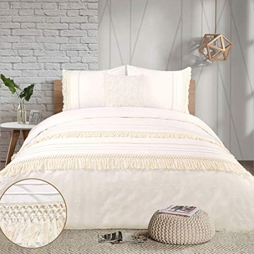 YINFUNG Fringed Duvet Cover Set Queen Cotton Boho Tassel Macrame Crochet Ivory Cream Fringed Elegant Pretty Boho Chic Bohemian Off White Bedding Set 90x90 Textured 3Pieces Quilt Cover Beige Women