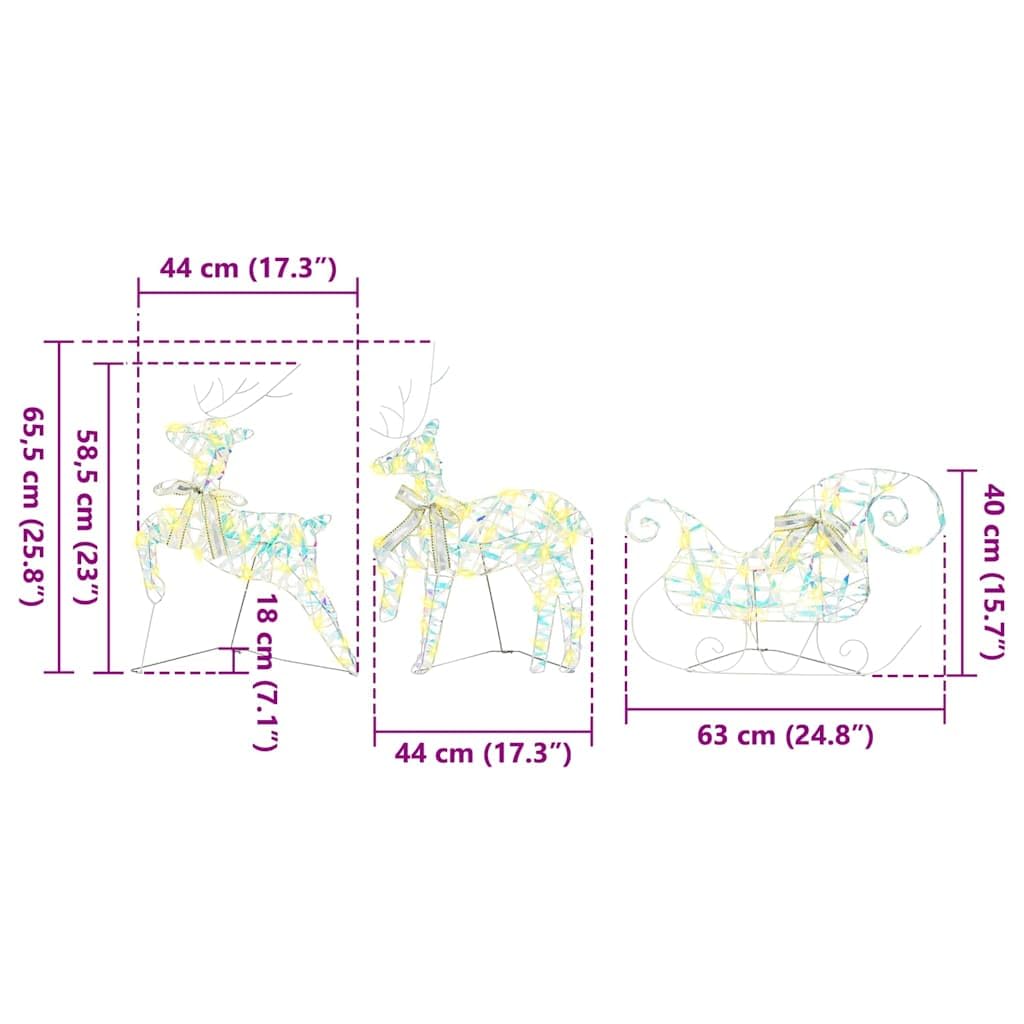 LED Rentiere mit 60 LEDs warmes Weiß PET, 3-teiliges Set mit Schlitten, 44x18x65,5 cm, dekorative Weihnachtsfiguren für Wohnzimmer, Terrasse, Art-Deco-Stil, USB betrieben, wetterfest