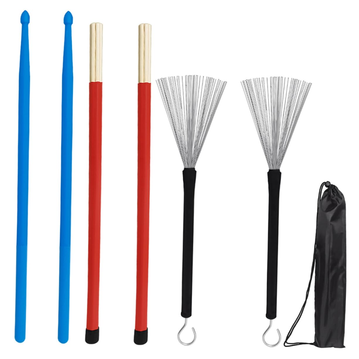 Kit Accessoires Batterie Comprenant Balai Fil D'acier, Baguettes Nylon Légères en Érable, Bloc de Serrage et Paquet de Rangement, Set Percussion Portable pour Répétition