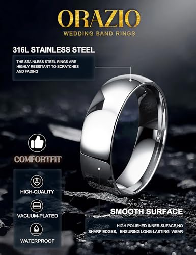 Image of ORAZIO Stainless Steel Rings for Men Women 6MM 8MM Wedding Band Rings Silver /Black /Gold Domed High Polished Basic Wedding Bands Comfort Fit Size 6-14