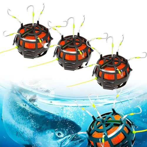 Reverse Bottom Bait Cage Fishing Hook, 360° Floating Bait Cage Fishing Hook, 6-Hooks Carp Feeder Rig, Spring Baits Cages Trap Fishings Hooks, Freshwater Saltwater for Carp, Catfish, Tilapia(3PCS,No. 8