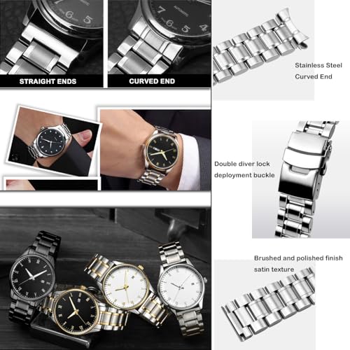 Image of Juntan 20mm 22mm Stainless Steel Watch Band Curved End Straight End for Men Women Metal Watch Bands Strap Quick Release Replacement Bracelet with Double Folding Buckle Silver