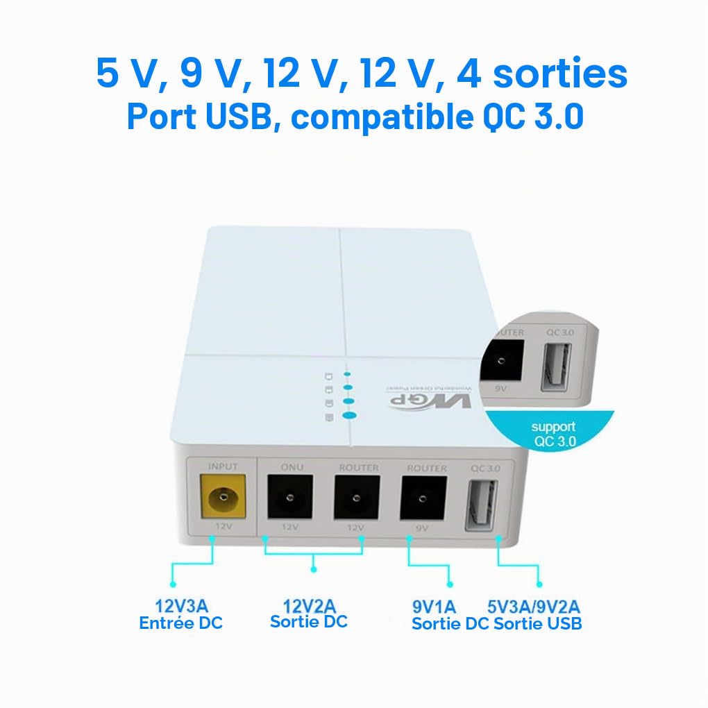 Mini UPS Onduleur Alimentation électrique sans Interruption UPS, 13500mAh Batterie de Secours Banque de Puissance Back up Battery pour routeur ONU caméra, Sortie 9V / 12V DC USB 5V QC3.0