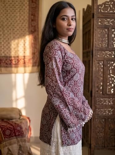 Image of Women's Rayon Printed Short Kurti | Straight Fit Casual Ethnic Top | Square Neck Full Sleeve Ladies Kurti Office College