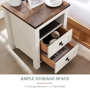 Redlemon farmhouse nightstand with charging station rustic 18 inch end table with 2 storage drawers and open shelf wood sofa side table for bedroom living room antique white  urban country home decor