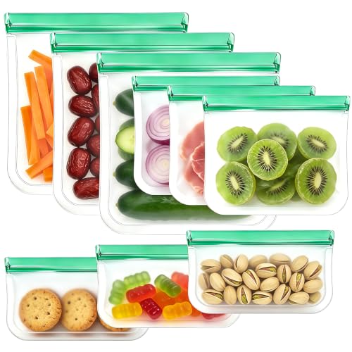 Image of Reusable Silicone Freezer Storage Bags, 9Pack Multi-Size Food Storage Containers, Leakproof Freezer & Microwave Safe Reusable Snack & Sandwich Bags - 3 Gallon 3 Snack 3 Sandwich Bags