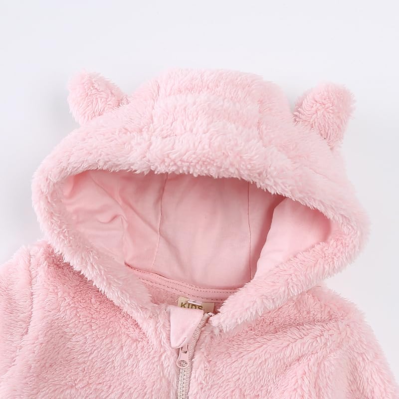 IADOER Baby Newborn Snowsuit Fleece Footie Winter One-Piece Suit Cartoon Bear Warm Hooded Jumpsuit Outwear Outfits for Girls Boys(Light Pink,6M)