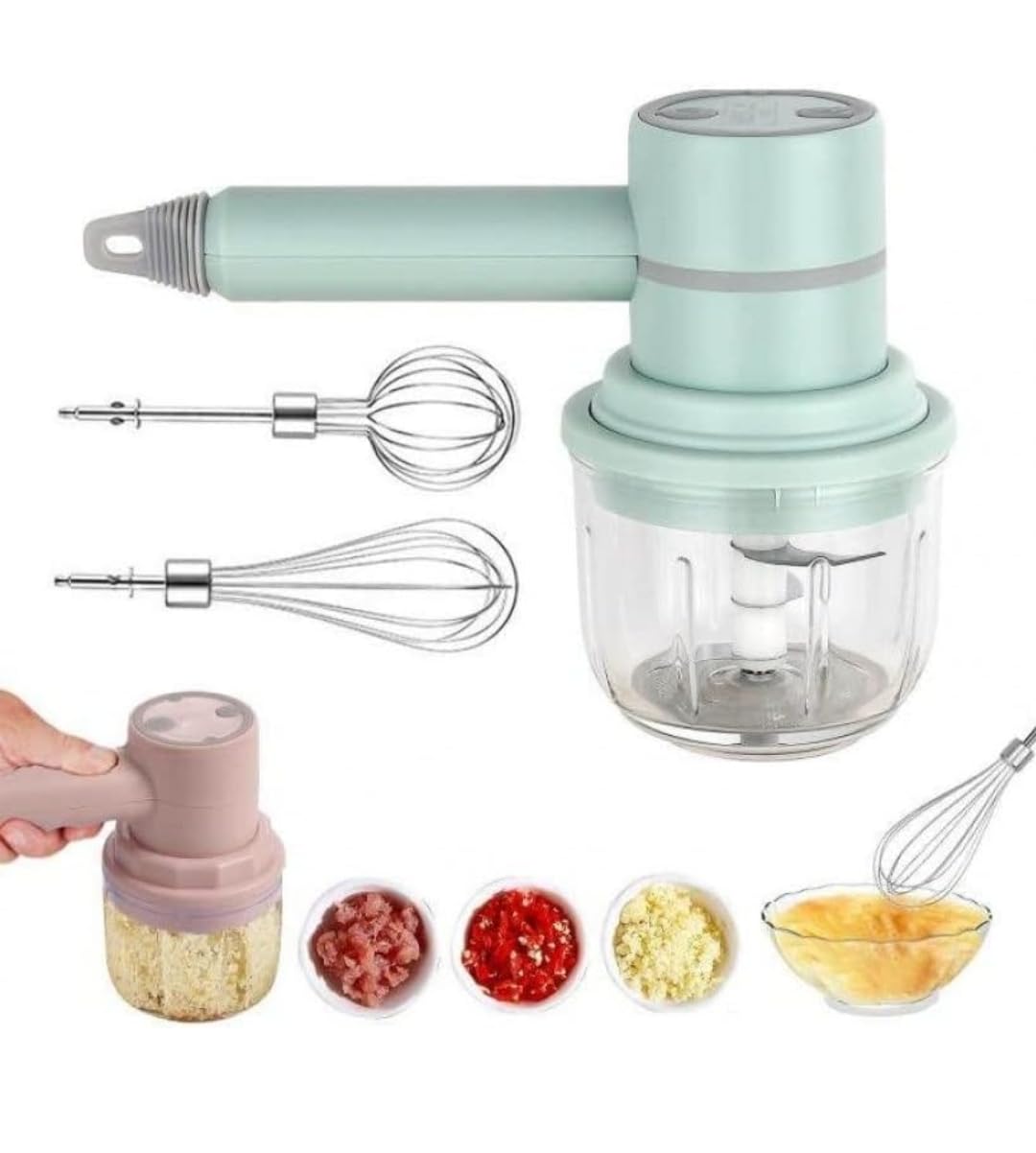 Electric Handheld Wireless Whisk Mixer with Mini Food Chopper 3 in 1, Usb Portable HandMixer for Egg,Beater Baking Butter Cake, Food Chopper for Vegetable Onion Garlic Pepper