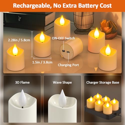 Image of Yme Rechargeable Votive Candles Battery Operated with Remote & Timer | Flickering Flameless LED Tea Lights with USB-C Charging Base, for Home Lantern Table Emergency Halloween Party Decor, 6PCS
