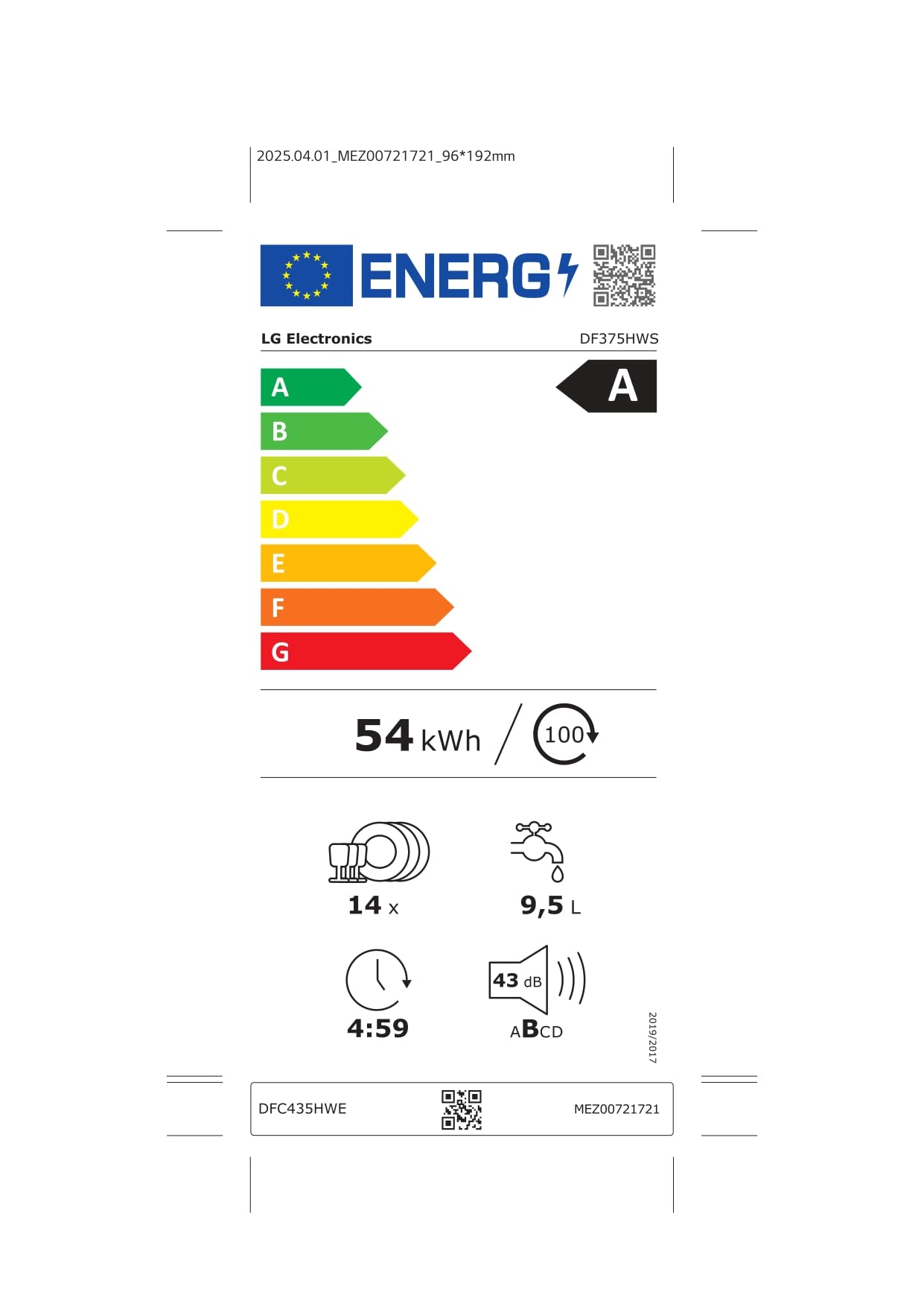 LG DF375HWS Lavastoviglie Libera Installazione Classe A, 14 Coperti, Lavaggio a Vapore TrueSteam, LED Esterno, Sistema QuadWash con 4 Bracci Irroratori, Serie 5, Auto-Apertura, 43dB, Wi-Fi, Bianco