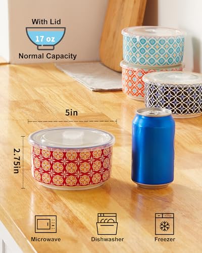 Ceramic Bowl Set with Lids, Serving Bowls with lids, 5 Inch Prep Bowls for Kitchen, Lunch, Picnic, Microwave & Dishwasher Safe, 20 Oz Set of 4 - Image 4
