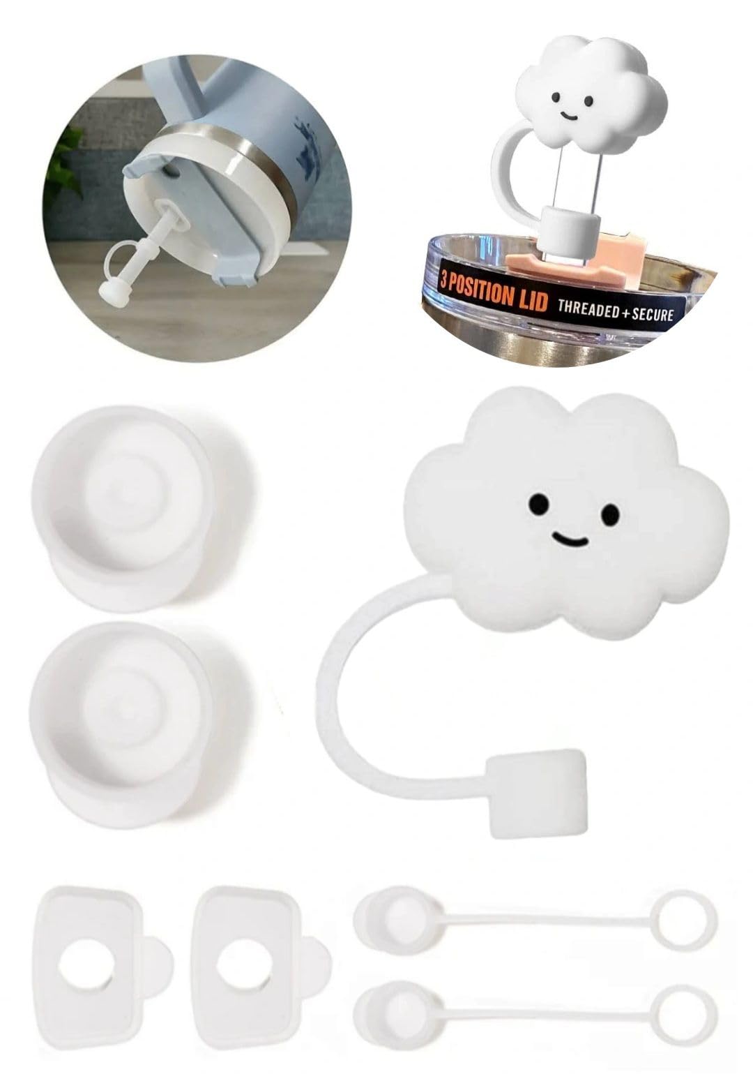 J's Stanley Spill Stopper 1 Cloud Straw Cover, 2 sets of 3 Clear Leak Guard, (7pcs, 2 Clear Leak Guards, 1 White Cloud)