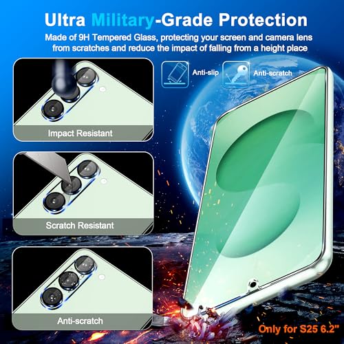 Image of 3 Pack for Samsung Galaxy S25 Screen Protector Tempered Glass + 3 Pack Camera Lens Protector, Military Grade Shatterproof, 9H Hardness, Fingerprint Unlock, Case Friendly 6.2 Inch