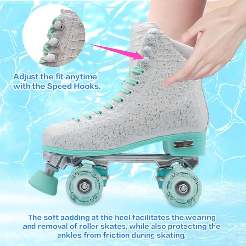 SMOOJOY Roller Skates for Women Girls and Kids, Light Up Wheels - White Quad Outdoor PU Leather High-Top Design Derby Rollerskates for Beginners Youth Sizes 2 3 4 5 6 7 8 9 10 11 - Thumbnail 5