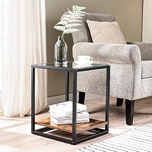 SICOTAS Table d’appoint Table Bout de Canapé avec 2 Étagères Table de Chevet Dessus en Verre et Bois, Cadre en Métal, Style Industriel Table Basse pour Salon,Chambre, 40 x 40 x 50 cm