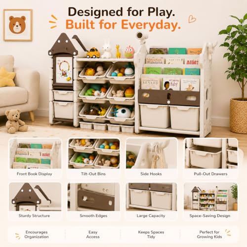 Image of 3in1 Kids Toy Storage Organizer with Bookshelf, Kids Bookshelf with Bins, Montessori Book Shelf, Toy Organizer for Baby Room Children's Books Toy Rack Nursery & Playroom Storage Organizer
