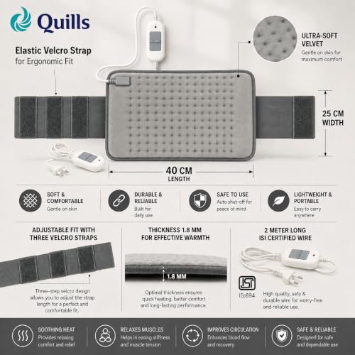 Image of Quills premium Electric Heating Pad for Pain Relief (40cm x 25cm) soft velvet strong strap Heat Pad for Back, Neck, Shoulder, Knee & Cramps - Adjustable Temperature Heat belt for Effective Pain Relief. One year product support.